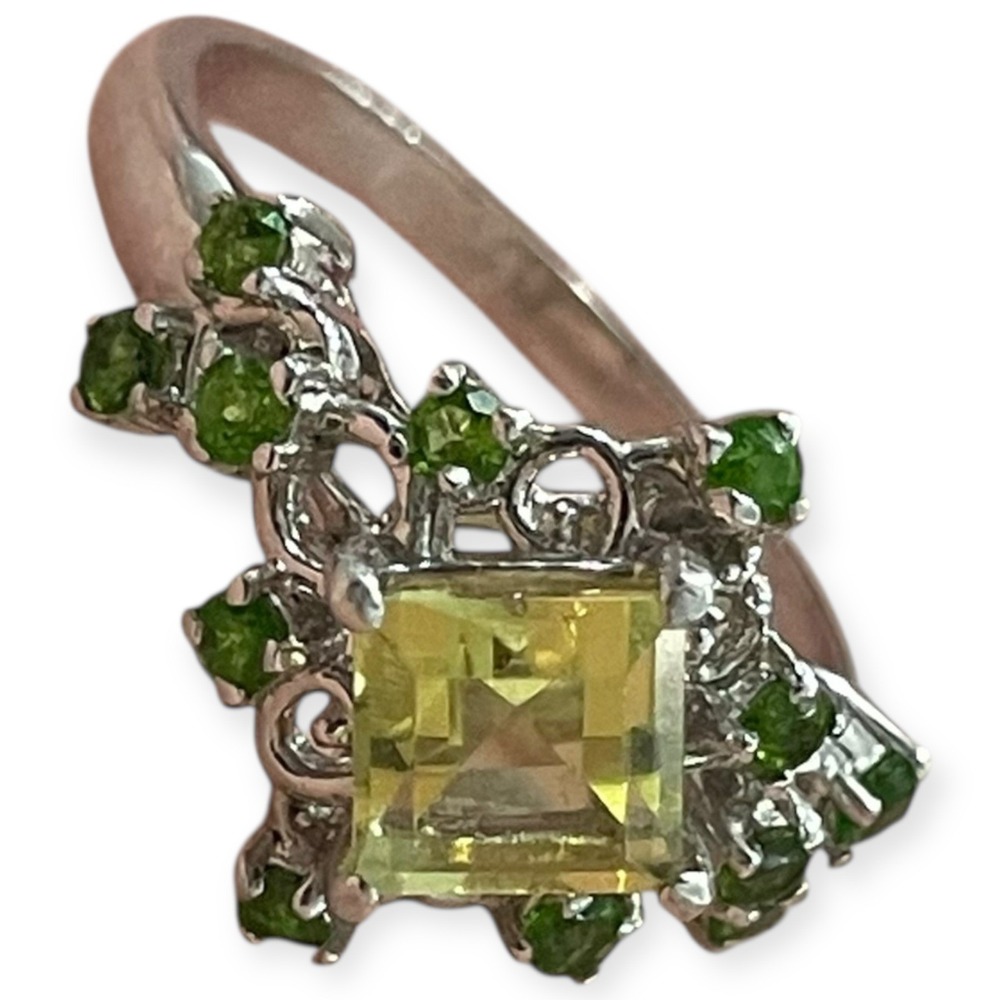 Sterling Silver Lemon Quartz & Chrome Diopside Ring Signed Artisan Size 8.5